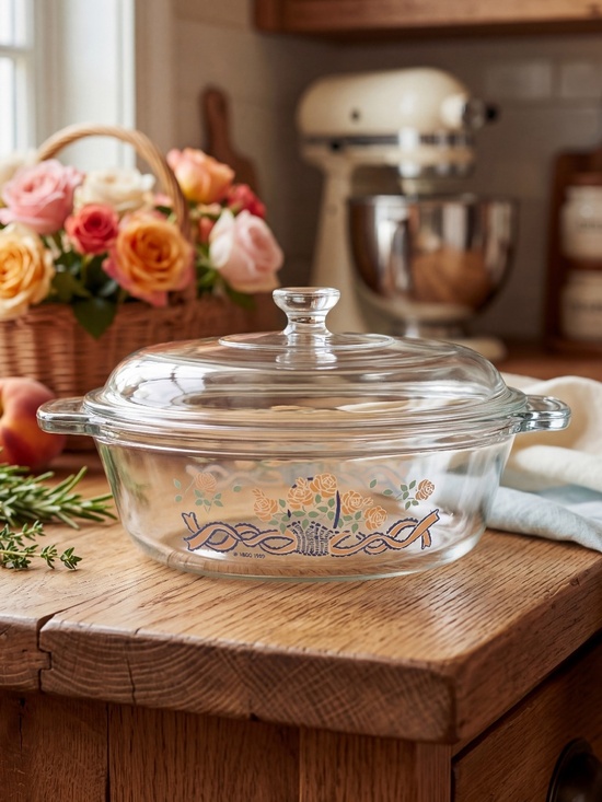 Anchor Hocking Other - Anchor Hocking  1.5 Qt Covered Glass Casserole “Pink Roses in Basket” 1989